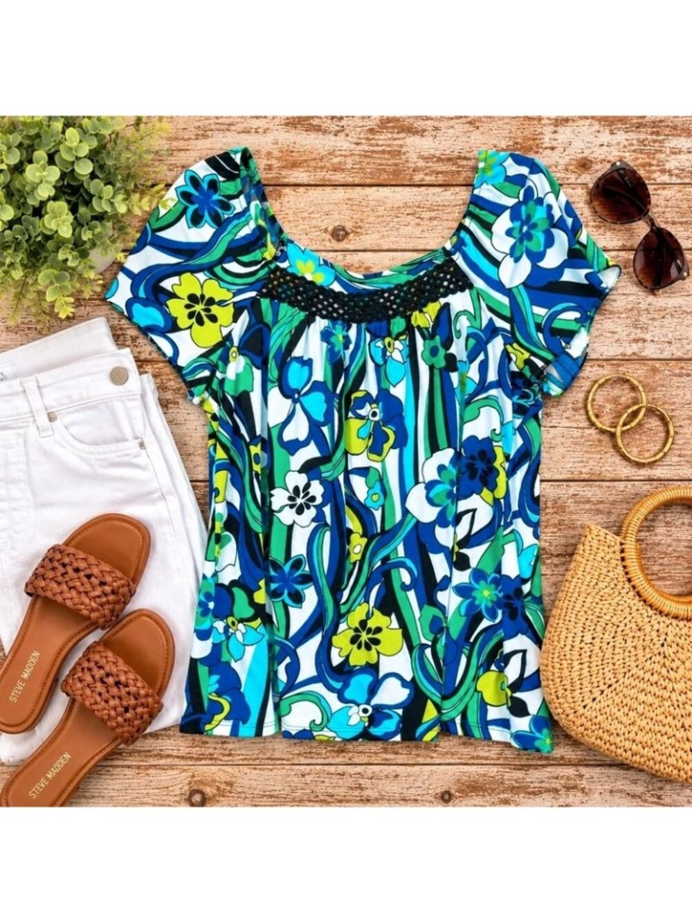 ALYX Floral Flutter Sleeve Top | XL | Blue & Green Retro Print
